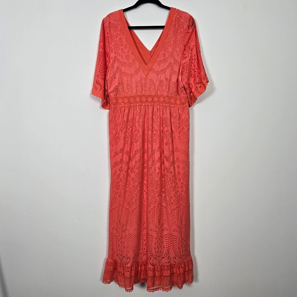 Farm Rio Anthropologie Maxi Dress Womens L Coral Lace Boho Tropical Whimsigoth - Picture 5 of 11